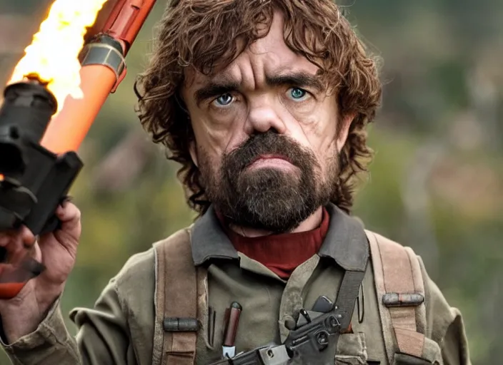 Image similar to peter dinklage holding a rocket launcher, movie still, from the new commando movie, 8 k, realistic