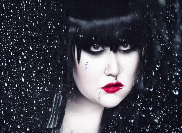 Image similar to closeup portrait of emo vampire goth beth ditto standing in the rain in a dark cyberpunk city, heavy make - up running down face, neon reflections in the puddles, portra 4 0 0 candid photograph portrait by annie leibovitz, 3 5 mm macro shot, f / 3 2, hyperrealistic, cinematic lighting, hd wallpaper, 8 k, 4 k