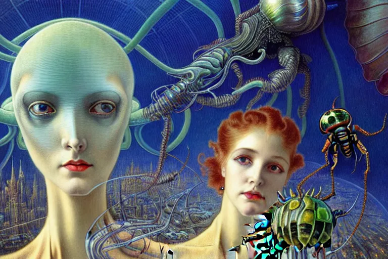 Image similar to realistic extremely detailed portrait closeup painting of a ghost woman with a beetle, futuristic sci-fi city on background by Jean Delville, Amano, Yves Tanguy, Alphonse Mucha, Ernst Haeckel, Edward Robert Hughes, Roger Dean, rich moody colours, blue eyes