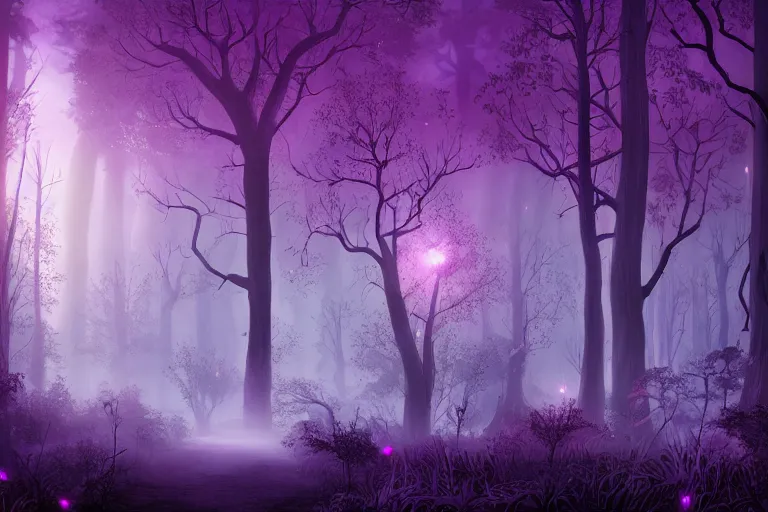 Prompt: ancient magical forest, tall purple and pink trees, moonlit, winding path lined with bioluminescent mushrooms, fireflies, pale blue fog, mysterious, eyes in the trees, cinematic lighting, photorealism