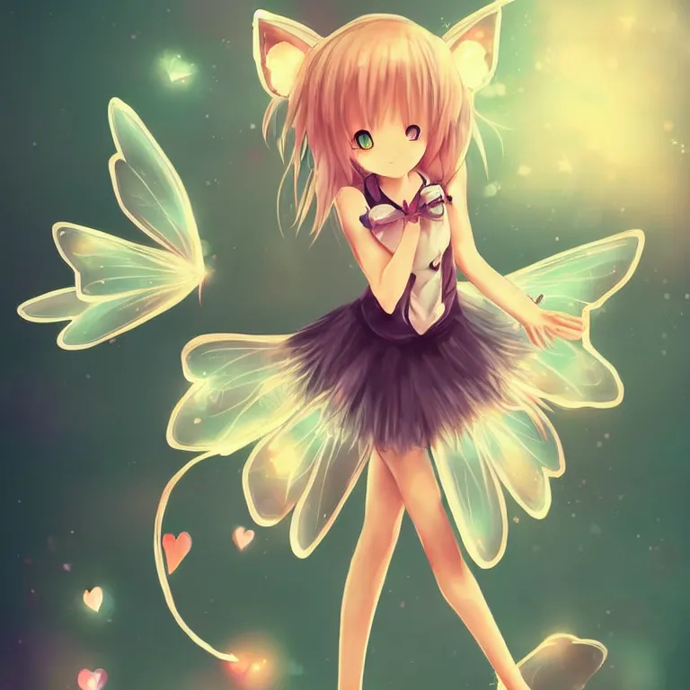 Image similar to cute, full body, female, anime style, a cat girl with fairy wings, large eyes, beautiful lighting, sharp focus, simple background, creative, heart effects, filters applied, illustration