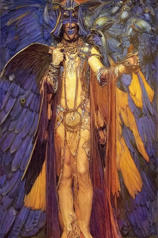 Image similar to an anthropomorphic raven dressed as a renaissance lord , by Annie Swynnerton and Nicholas Roerich and jean delville and Gaston Bussière, iridescent beetles, rich color, dramatic cinematic lighting, featured on Artstation, extremely detailed