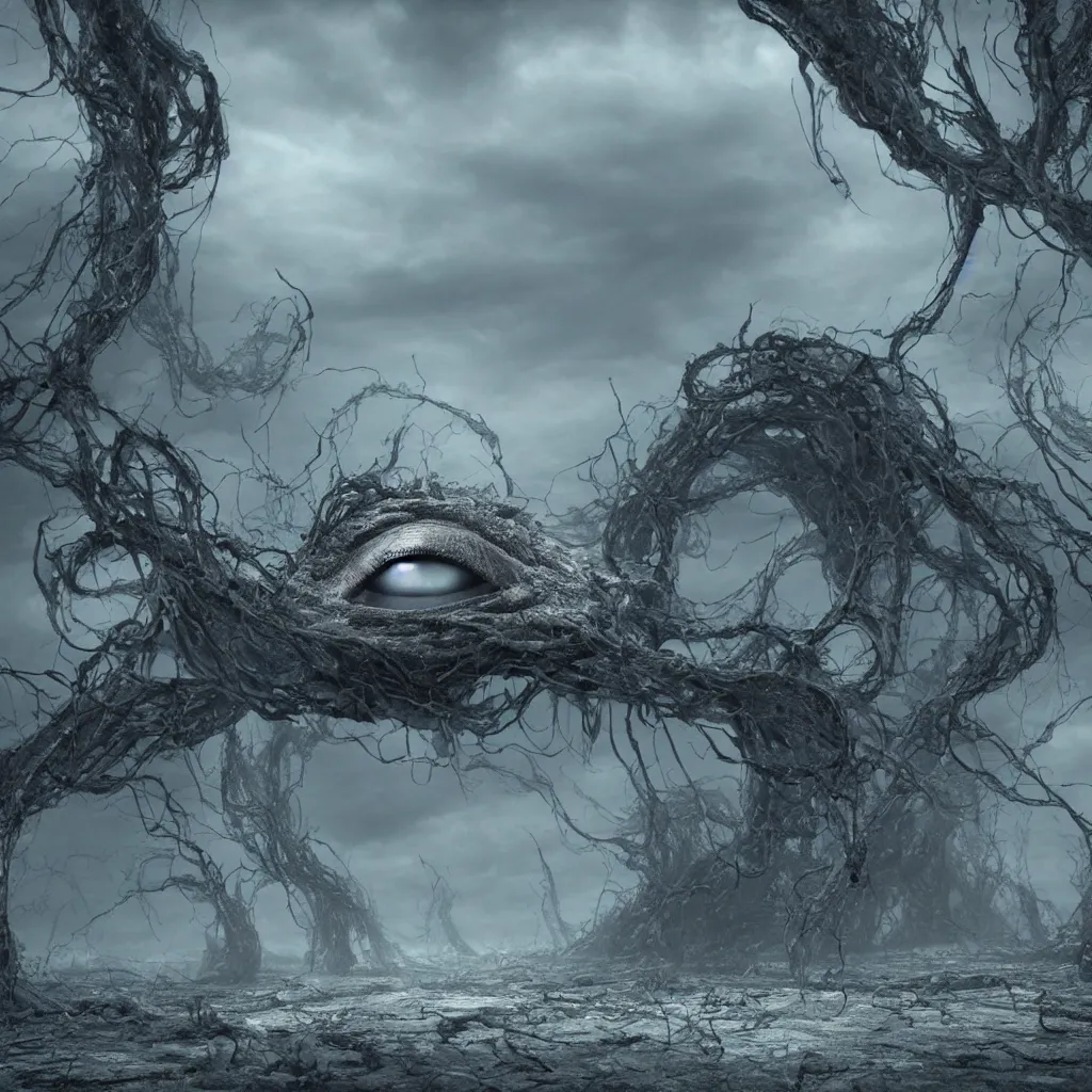 Image similar to daemon eyes observing all of existence from within the tendril-covered sanctums floating in the sky, volumetric lighting, unreal engine 5, harrowing apocalyptic atmosphere, photorealistic, unnerving, hyperdetailed 3d matte painting, hyperrealism, hyperrealistic, cinematic masterpiece, fantasy horror style 8k ultrahd octane render