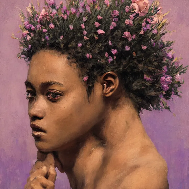 Prompt: portrait of a crazy lavender, rose flower - head black woman by picasso and greg rutkowski, detailed painting, distance, centered, hd, hq, high resolution, high detail, 4 k, 8 k