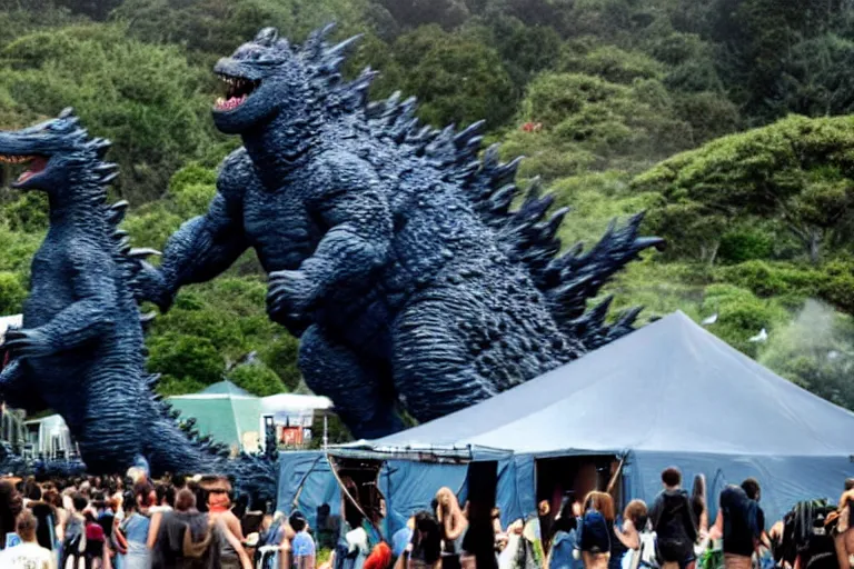 Image similar to godzilla attacking a music festival in golden gate park