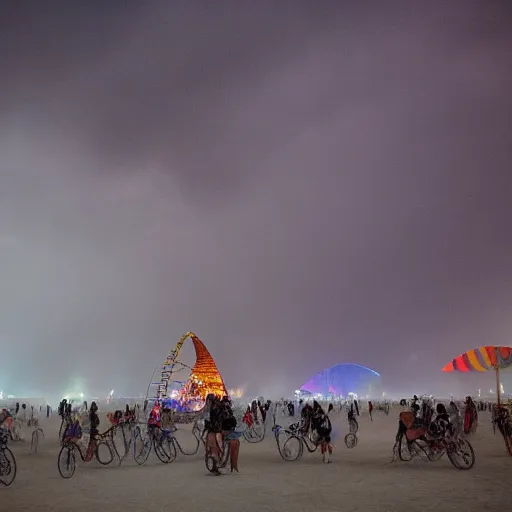 Prompt: a rainstorm hits the burning man festival