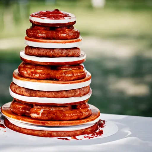 Image similar to a wedding cake made entirely out of meat and sausages with ketchup sauce. During wedding. Highly detailed 8k