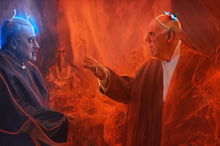 Prompt: the pope shaking hands with the satan in the hell, hyper detailed, orange red blue tones dramatic lighting, cgsociety, realistic, hyper detailed, insane details, intricate, dramatic lighting, hypermaximalist, golden ratio, rule of thirds, octane render, weta digital, micro details, ultra wide angle, artstation trending, 8 k