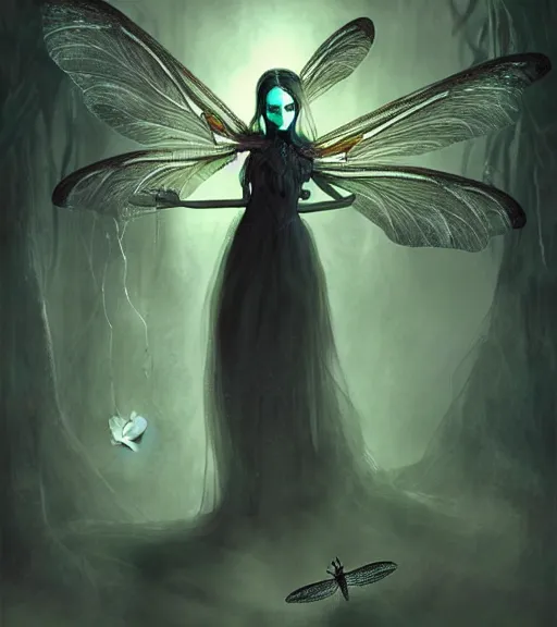 Image similar to gothic fairy with dragonfly wings, digital painting, liminal eerie midnight backlit, a picture taken by Michael Komarck and Daniel Ljunggren