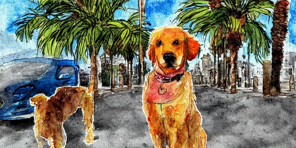 Image similar to portrait golden retriever dog standing in tel aviv street looking at the camera. palm trees. optimistic. digital art. watercolor. highly detailed. drawing. art. colorful. fluffy