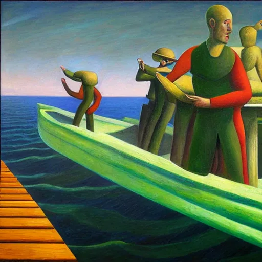 Prompt: twenty thousand leagues under the seas, grant wood, pj crook, edward hopper, oil on canvas