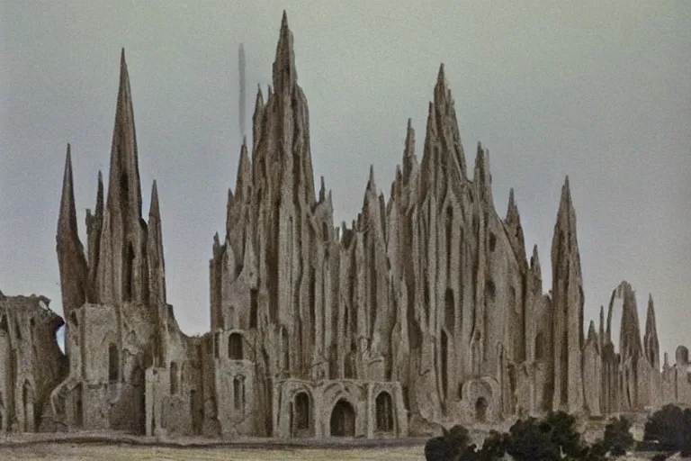 Image similar to landscape hills made of liquid melted wax paper and white brutalist desert gothic cathedral painted by paul gustav fischer