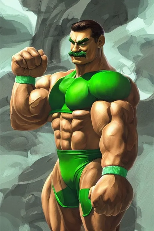 Image similar to muscular luigi wearing a green jumpsuit by ilya kuvshinov, bodybuilder ernest khalimov, super mario bros symmetrical face concept art, hyper realistic, intricate, elegent, highly detailed, digital painting, concept art, smooth, sharp, focus, illustration, art by artgerm and greg rutkowski and alphonse mucha, artstation