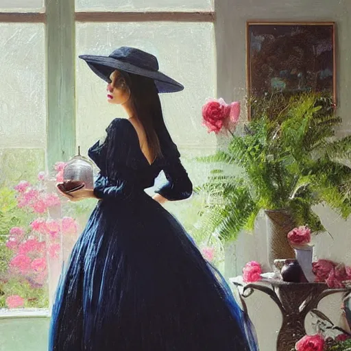 Prompt: happy very thick paint brush strokes paint texture full body fashion model kendall jenner by Jeremy Lipking by Hasui Kawase by Richard Schmid (((smokey eyes makeup eye shadow fantasy, glow, shimmer as victorian woman in a long white frilly lace dress and a large white hat having tea in a sunroom filled with flowers, roses and lush fern flowers ,intricate, night, highly detailed, dramatic lighting))) , high quality