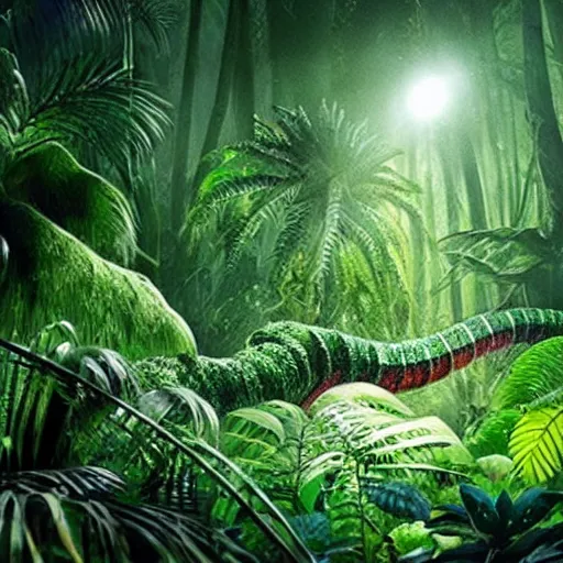 Image similar to « a group of people lost in a detailed jungle with luminescent plants and beautiful tall trees, but there is a giant worm that is hidding »