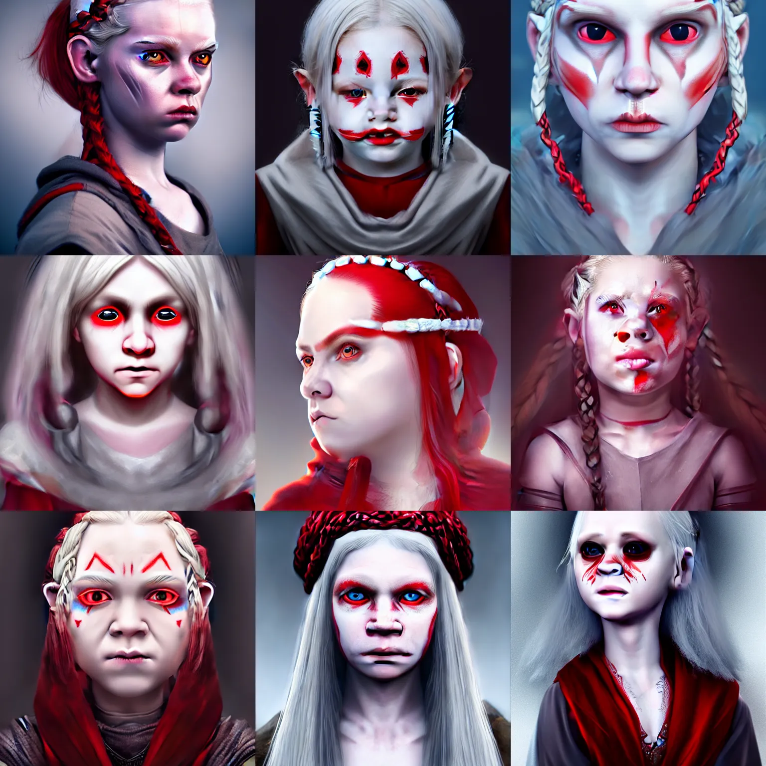 Prompt: hyper realistic portrait of a young albino female halfling with red! eyes and white! braided hair and a grey! cloak and geometric facial tattoos, haunted and sad expression, artstation, cinematic lighting, 8 k, digital art, full face