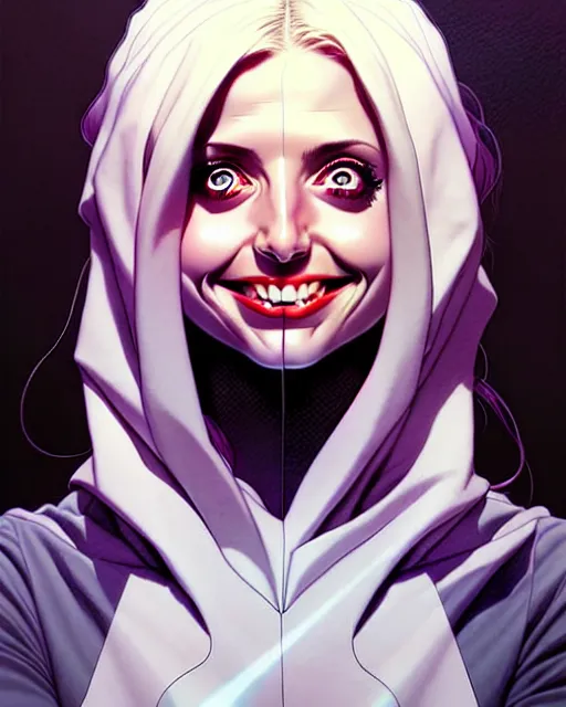 Prompt: artgerm, joshua middleton comic cover art, pretty ghost sarah michelle gellar full body, creepy smile, friendly, symmetrical eyes, symmetrical face, long white hair, inside haunted house