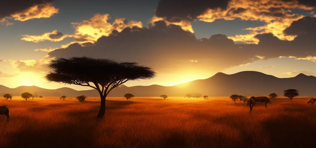 Image similar to epic view of beautiful african savannah at sunset, clear skies, there are hills in the far background distance, unreal engine, dramatic lighting, detailed, ambient occlusion, global illumination, crepuscular rays, 3 d artstation render by greg rutowski and jessica rossier