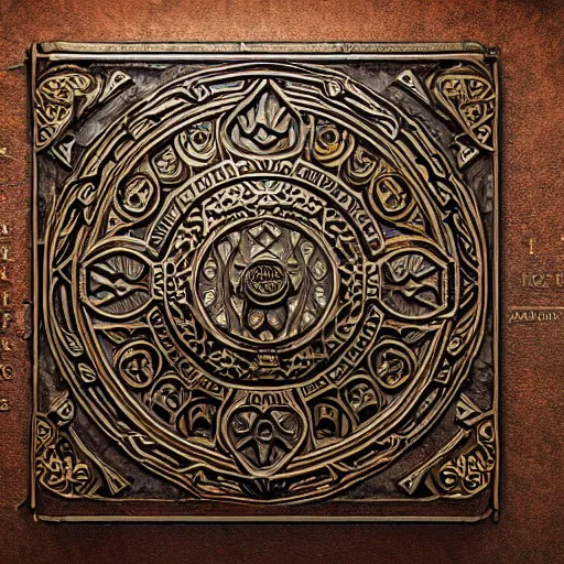 Image similar to an ancient ornate intricate old tome spell book with the sigil symbol of an eye emblazoned on the cover, cinematic, realistic, intricate detail, finely detailed, small details, extra detail, photorealistic, high resolution, 3D, PBR, path tracing, volumetric lighting, octane render, arnold render, 8k