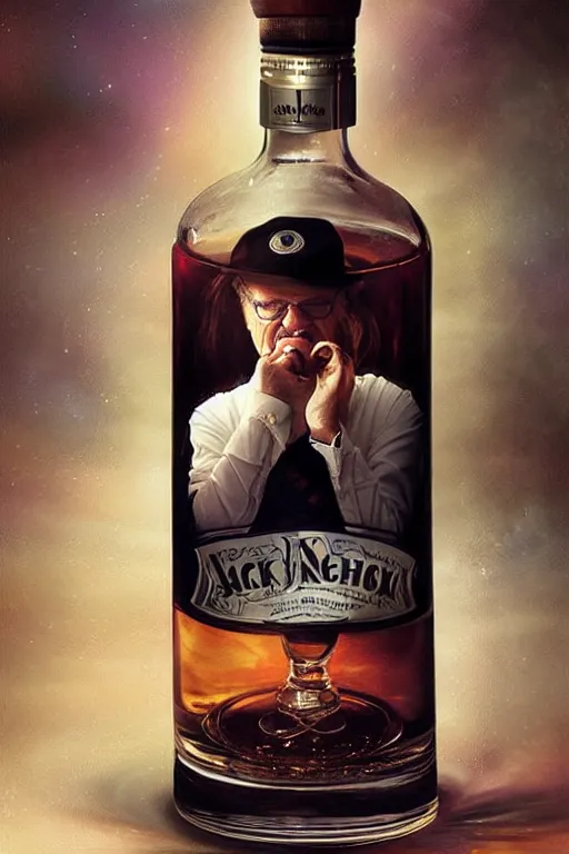 Image similar to a ship in a bottle but instead of a ship it is jack nicholson in the bottle, a young jack nicholson, fancy whiskey bottle, masterpiece painting by artgerm and tom bagshaw