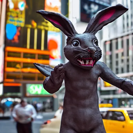 Image similar to a realistic plasticine sculpture of a very scary bunny with sharp teeth made by michelangelo, standing in times square, 3 d render, hyper detailed, sharp focus, 8 k resolution