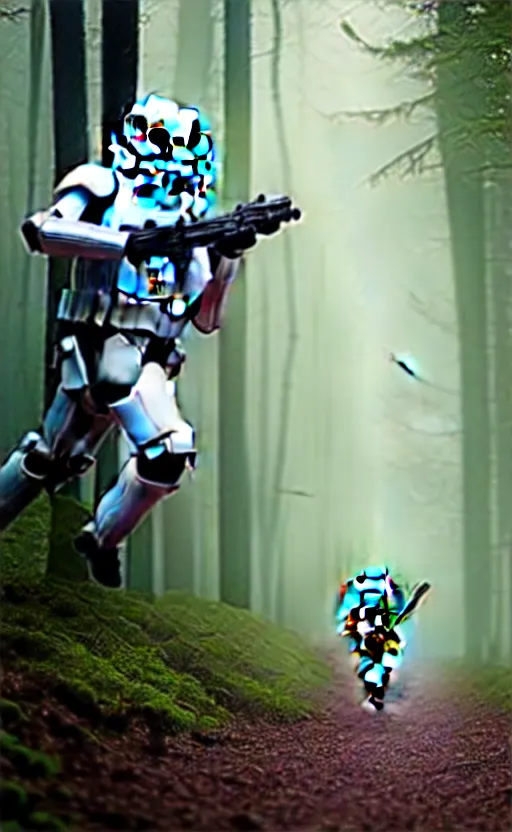 Prompt: A stormtrooper running through the forest shooting his blaster, octane, hd, 8k, rich deep moody colors