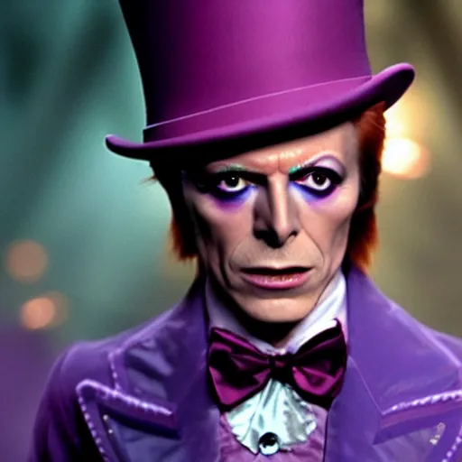 Image similar to stunning awe inspiring david bowie as willy wonka, movie still 8 k hdr atmospheric lighting