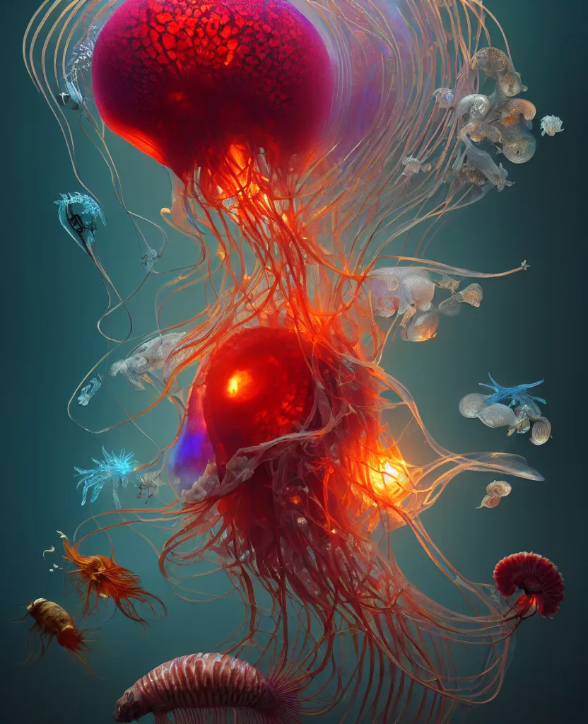 Image similar to human thorax, jellyfish phoenix head, nautilus, orchid, skull, betta fish, bioluminiscent creatures, intricate artwork by Tooth Wu and wlop and beeple. octane render, trending on artstation, greg rutkowski very coherent symmetrical artwork. cinematic, hyper realism, high detail, octane render, 8k