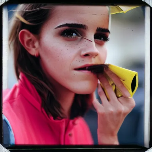 Image similar to photo, close up, emma watson in a hi vis vest, dipping tobacco, portrait, kodak gold 2 0 0,