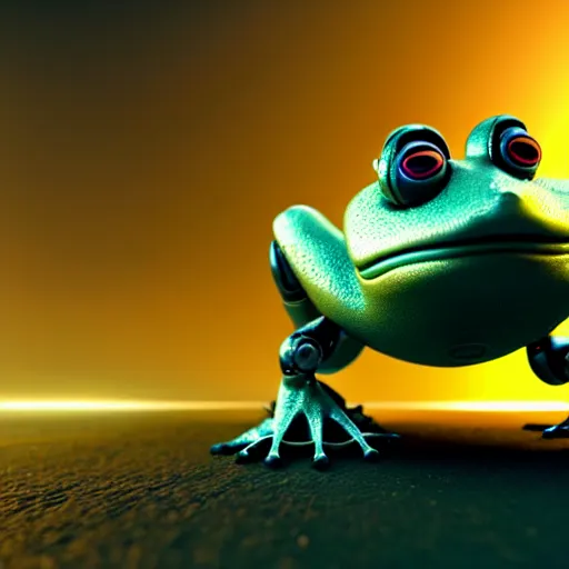 Prompt: a robot frog in an unknown planet, aliens look at it, octane render, hyperrealistic, ultra coherent, 3D