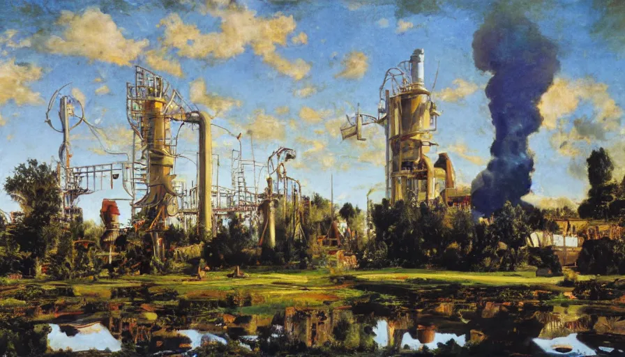 Image similar to artwork painting of willy wonka's chocolate factory by eugene von guerard, ivan shishkin, john singer sargent