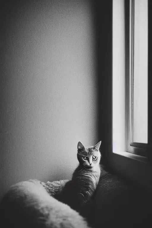 Prompt: “ fluffy grey cat lying on cat bed turning head to look out the window, lying on cat tree, cozy living room, warm, cotton, dramatic lighting, extremely high quality, leica m - a, lux 3 5 fle, portra 8 0 0 ”