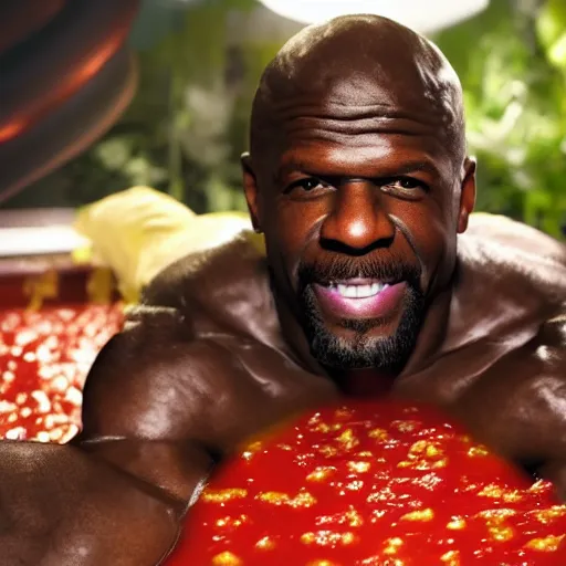 Image similar to terry crews swimming in a pool of salsa, cinematic lighting