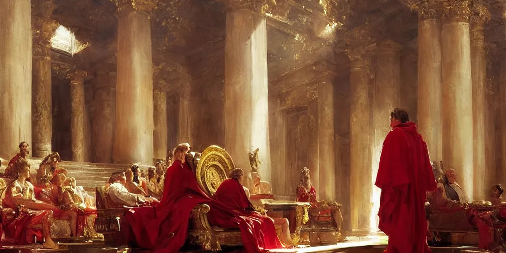 Image similar to beautiful oil painting, steve buscemi in royal crimson robes enthroned as the god emperor of ancient rome a golden wreath upon his head, by anders zorn, wonderful masterpiece by greg rutkowski, beautiful cinematic light, american romanticism, by thomas lawrence, greg rutkowski