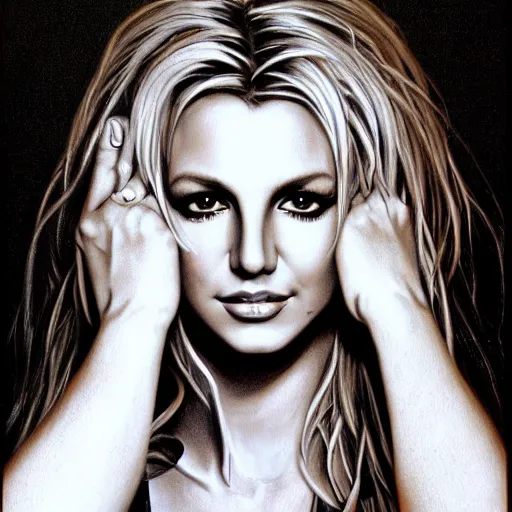 Image similar to pencil art, detailed portrait of britney spears, intricate, hyper detailed, realistic, oil painting, by julie bell, frank frazetta, cinematic lighting
