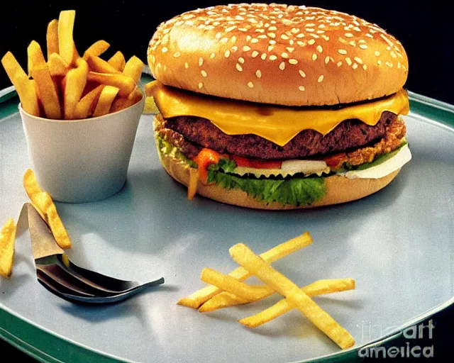 Prompt: 1970's cookbook color photograph of a big Mac with side of fries sharp detail high detail