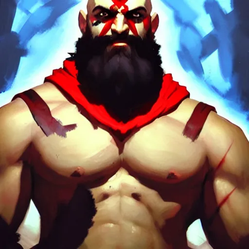 Image similar to Greg Manchess portrait painting of Kratos as Overwatch character, medium shot, asymmetrical, profile picture, Organic Painting, sunny day, Matte Painting, bold shapes, hard edges, street art, trending on artstation, by Huang Guangjian and Gil Elvgren and Sachin Teng