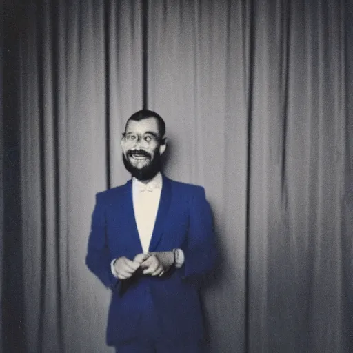 Prompt: florin salam in an empty ballroom dressed in a blue suit singing passionately with a wine glass in right hand, polaroid photo, long shot, hard lighting, film grain