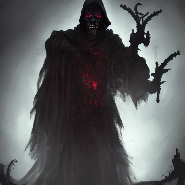 Image similar to grim reaper, demons of hell, haunted spooky foggy graveyard, headshot photo, character concept, dark souls concept art, Feng Zhu concept art, dramatic lighting, highly stylized, trending on artstation, high-quality wallpaper, desktopography