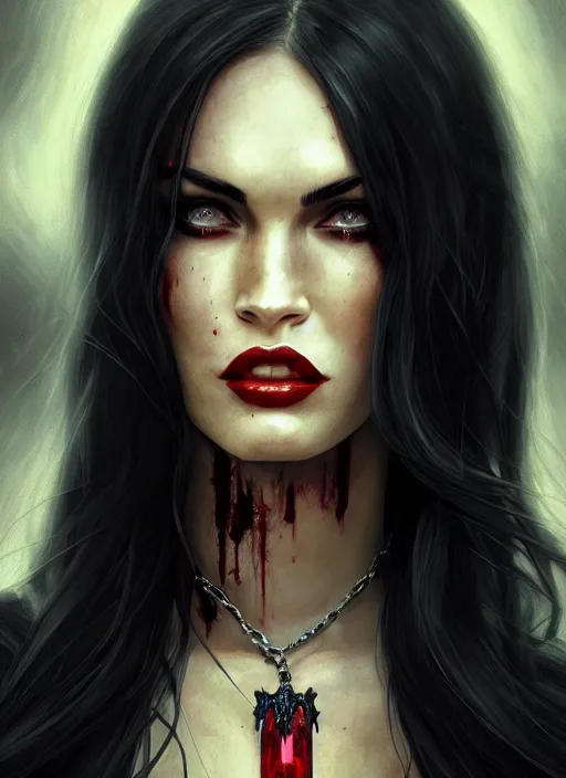 Image similar to portrait of megan fox as a evil vampire queen, bloody tears, jewelry, greek, dark, intricate, headshot, key visual, conceptart, ambient lighting, highly detailed, digital painting, artstation, concept art, sharp focus, by makoto shinkai and akihiko yoshida and greg manchess