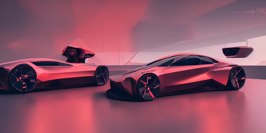 Image similar to a design of a futuristic car, designed by Polestar and DMC, vaporwave sunrise background, brushed red copper car paint, black windows, dark show room, dramatic lighting, hyper realistic render, depth of field