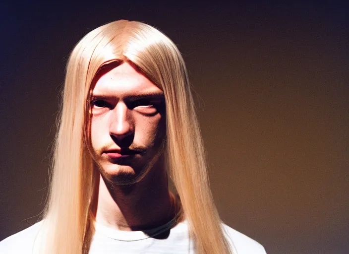 Image similar to waifish androgynous person with long blond hair on stage in front of a computer and alien instruments zeiss lens algorithm code masterpiece stage lighting photograph by wolfgang tillmans