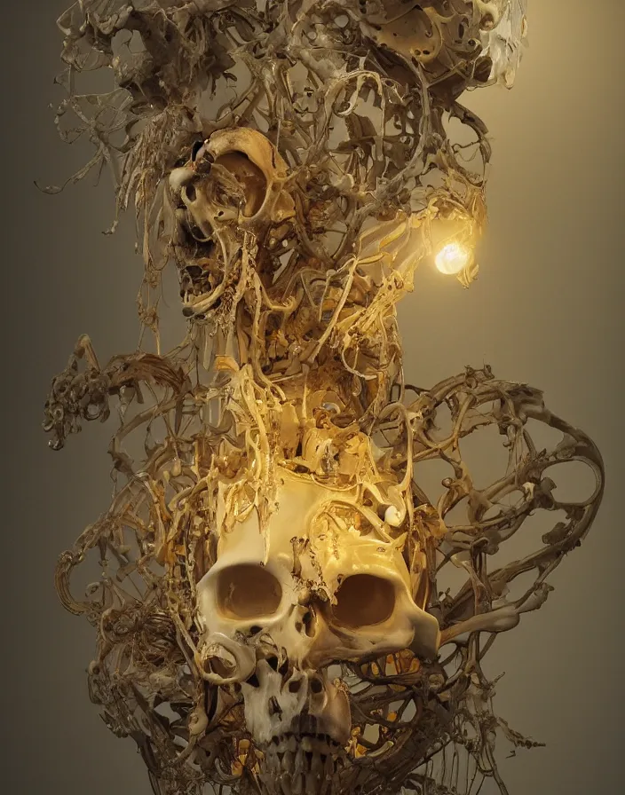 Prompt: biomechanical mask of a skeleton by Roberto Ferri. shining in white yellow divine light. vintage bulb. white plastic. baroque elements, human skull, jellyfish, butterfly, phoenix head. burning water. intricate artwork by Tooth Wu and wlop and beeple and dan mumford and greg rutkowski and nekroxiii. halo. octane render, cinematic, hyper realism, octane render, 8k, depth of field, bokeh. iridescent accents. vibrant. yellow and gold and white colour scheme