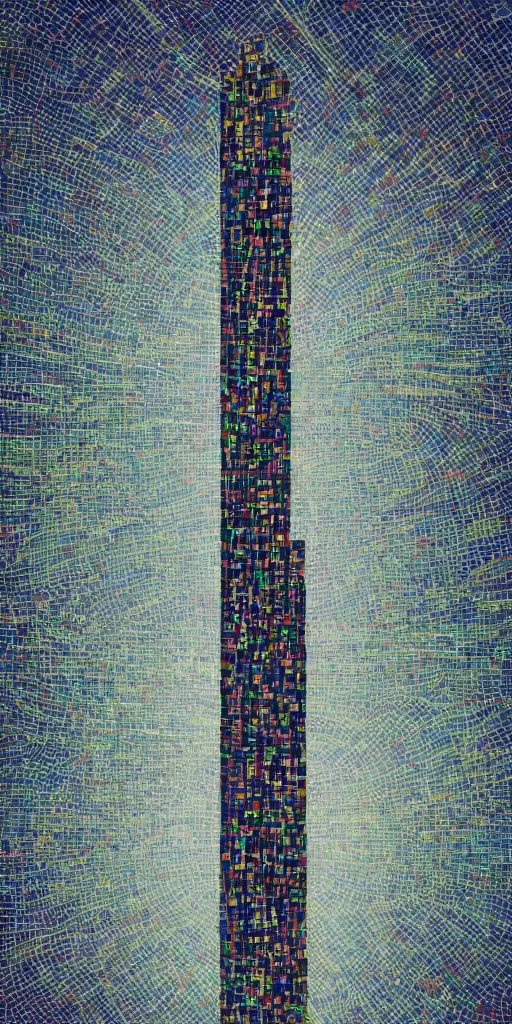 Image similar to a skyscrapper in a field with a sky background, a mosaic by jeffrey smith, behance contest winner, generative art, circuitry, fractalism, behance hd