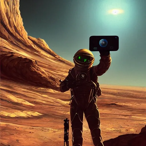 Image similar to alien taking a selfie on mars, dramatic lighting, cinematic, establishing shot, extremly high detail, photorealistic, cinematic lighting, artstation, style by James Gurney