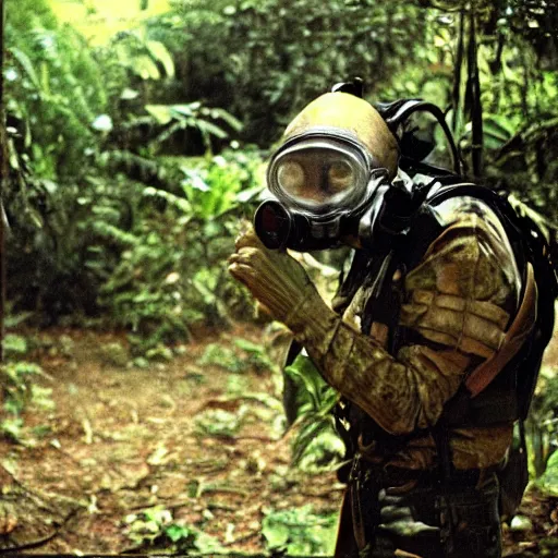 Image similar to a heavily armored man wearing a gasmask, in the jungle, film still, arriflex 3 5