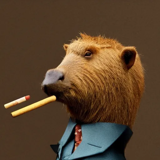 Image similar to a high detail photo of an antropomorphic capybara wearing a suit smoking a cigarrette, subject= duck, subject detail: wearing a suit, subject action: smoking a cigarrette photorealism