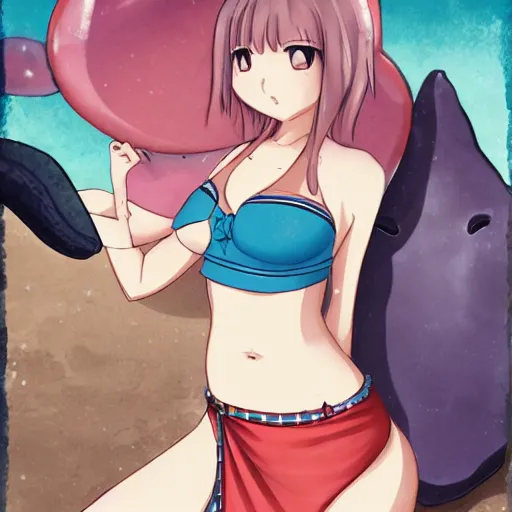 Image similar to a woman in a bikini top and skirt standing next to a whale, a character portrait by Jin Homura, featured on pixiv, mingei, booru, official art, pixiv