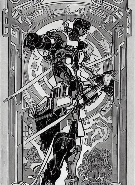 Image similar to mecha robot warrior by Alphonse Mucha