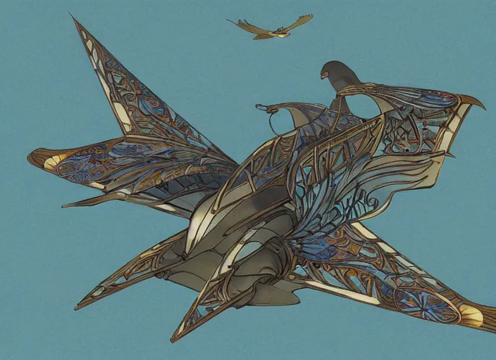 Prompt: concept art of a modern jugendstil jet plane with ornate birdlike wings with art deco patterns flying over a macedonia, dieselpunk, high fantasy